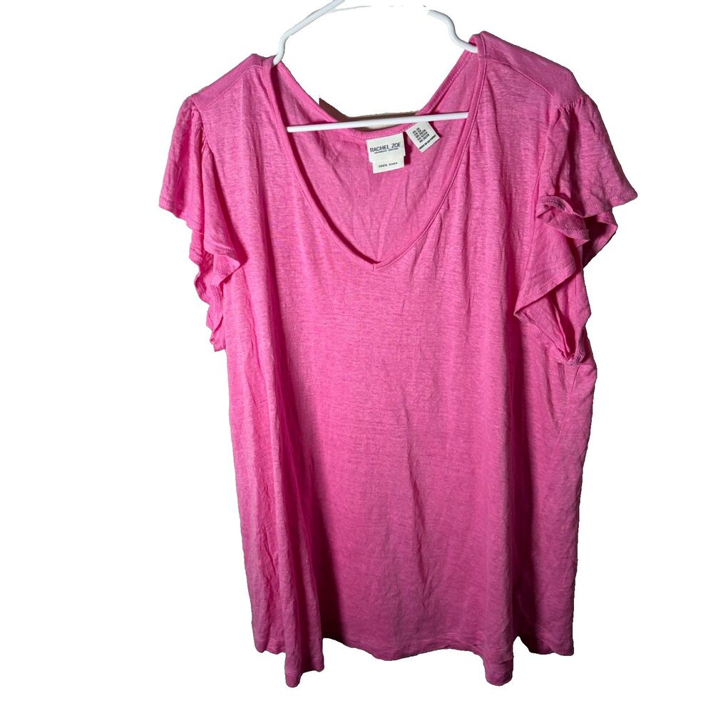 Rachel Zoe Blouse Women's 3X V-Neck Ruffle Short Sleeve 100% Linen Pink Top